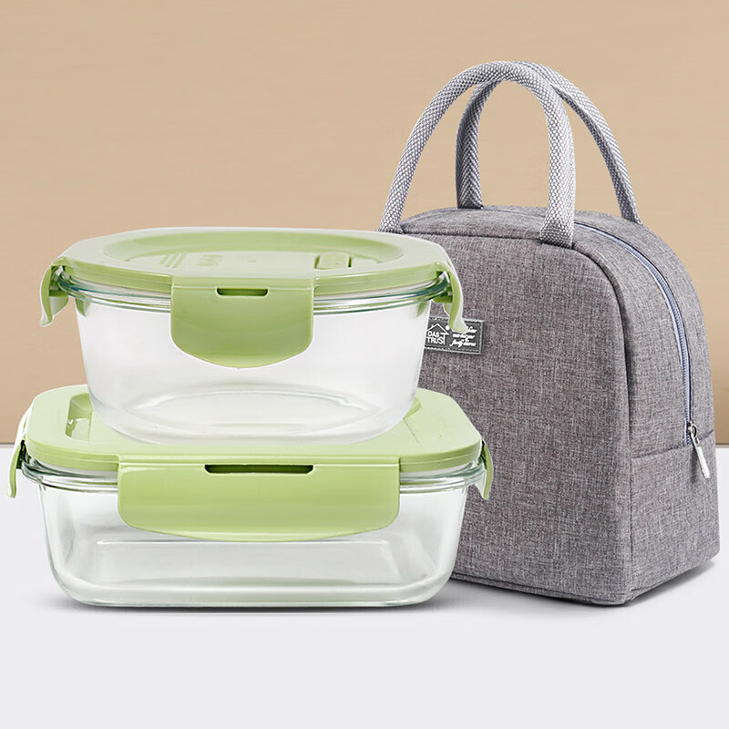 Chuangde Heat-Resistant Glass Food Storage Container, Microwave And Oven Safe Lunch Box for Office Workers, Round 650ml + Long 700ml + Bag