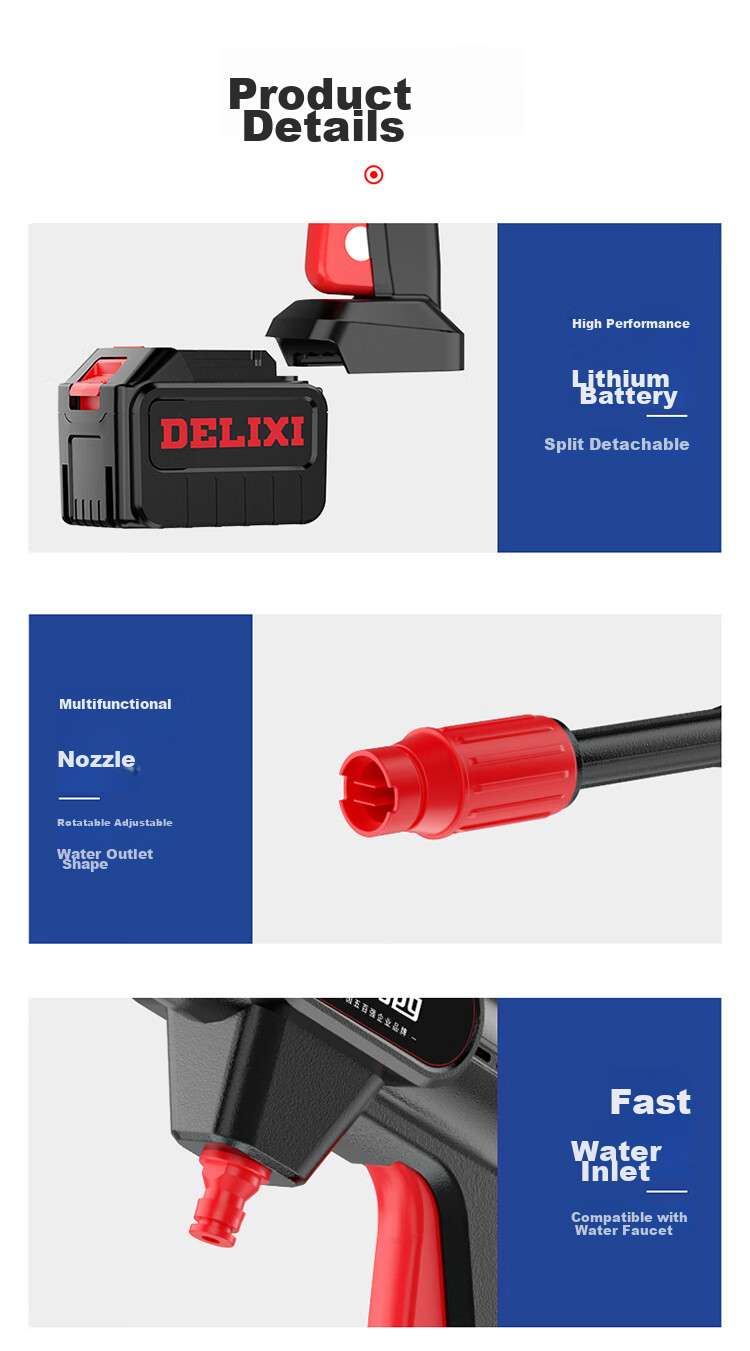 DELIXI High-Pressure Car Washer, Household High-Pressure Water Gun, Rechargeable, High-Power, Wireless Lithium Battery Car Washing Water Gun, 6AH Pressure Boost 17