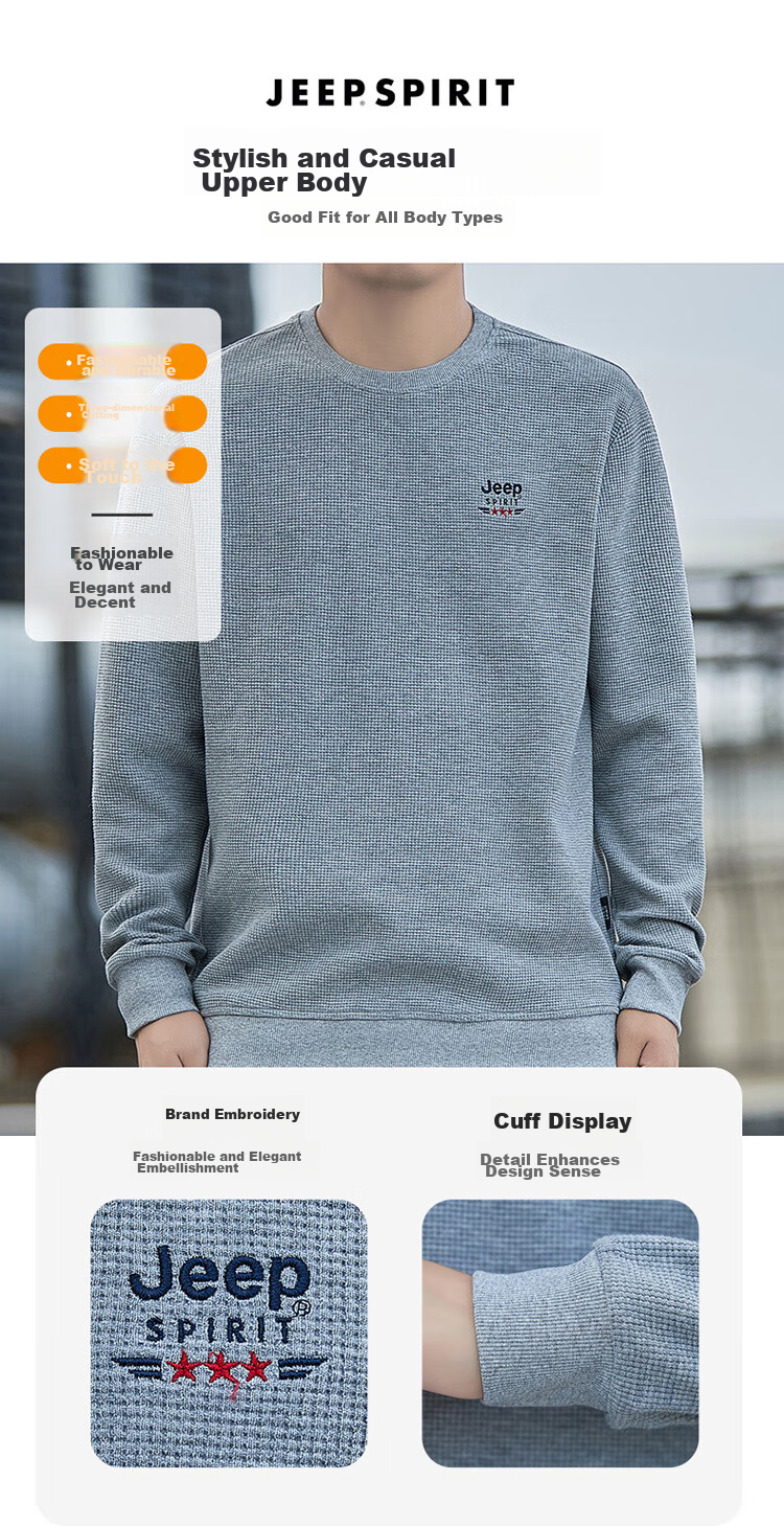 JEEP SPIRIT Men's Sweatshirt, Autumn Round Neck Long Sleeve T-Shirt, Loose Waffle Knit Base Layer, Black, M 6