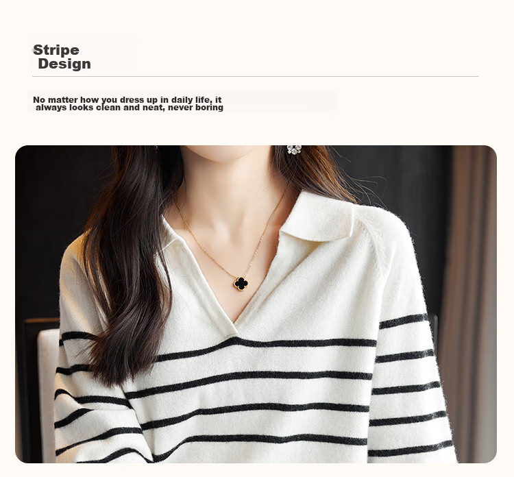 Dme Wool V-Neck Striped Sweater, Elegant And Relaxed Women's Wool Sweater, Black, L 4