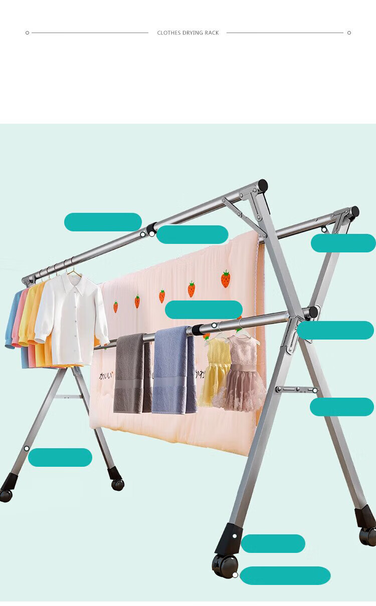 Annafu Floor-Standing Balcony Folding Drying Rack, Stainless Steel Extendable Quilt Hanger YJ95 Three-Pole + Wheels, 2.4 Meters 3