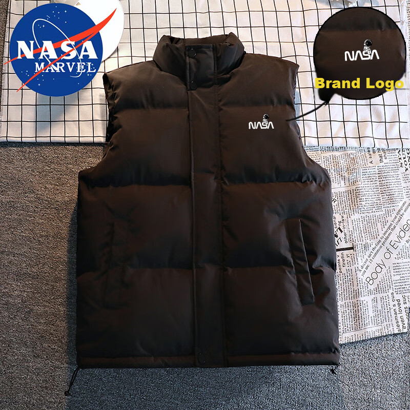 NASA MARVEL Cotton Vest Autumn Winter Men's Sleeveless Thick Warm Half-Sleeve Jacket Stand Collar Couple Style Black XL