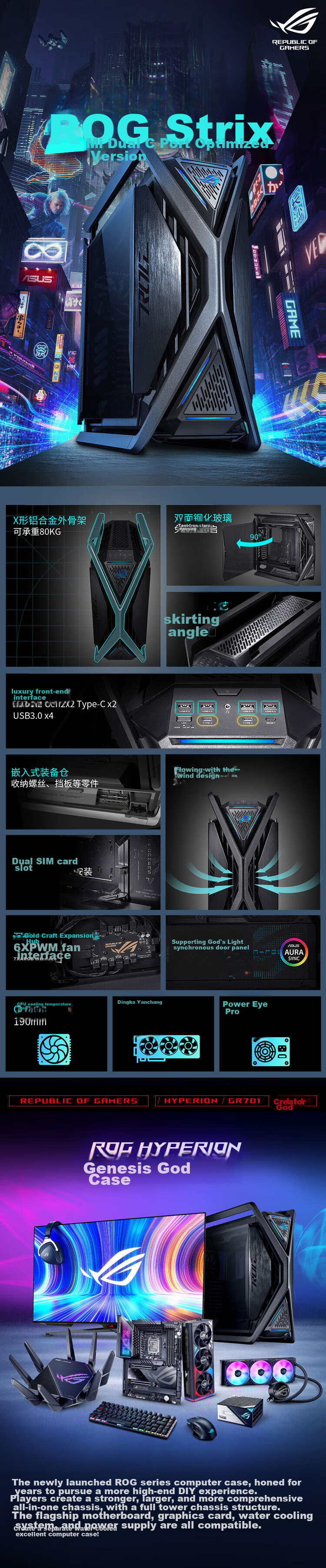 ASUS ROG HYPERION GR701 Genesis Chassis, Dual C-Port Optimized Version, Compatible with ROG MAXIMUS 800 Series Motherboards / Supports EATX Motherboards 1