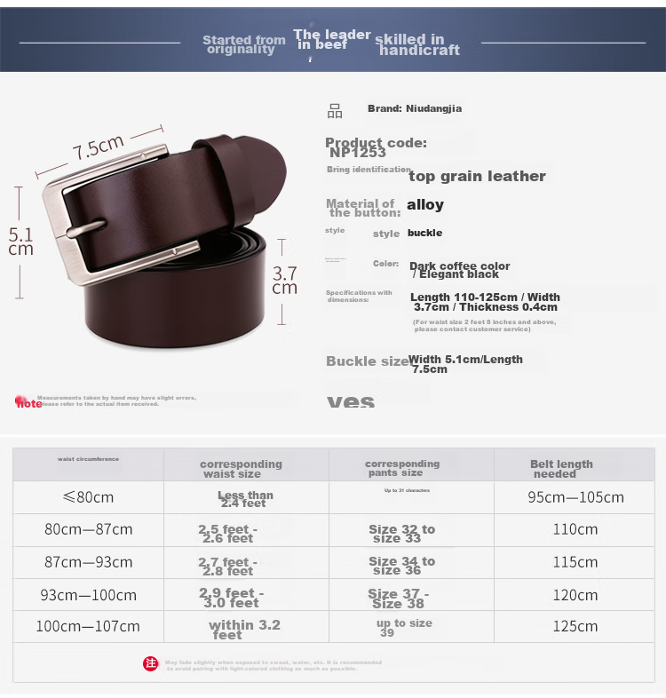Cattlesboss Men's Genuine Leather Belt with Pin Buckle, Top-Grain Cowhide Waistband 1253 Gift for Dad, Dark Brown, 120cm 3