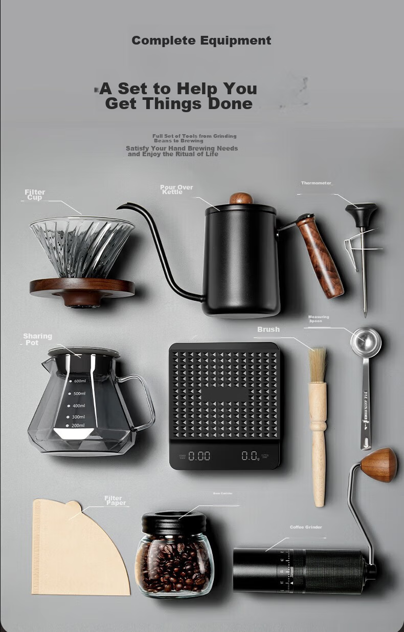 TEOTM Pour-Over Coffee Maker Set, Hand Grinder Coffee Machine, Manual Bean Grinder Set, Home Use Pour-Over Coffee Equipment Gift Box Set 5