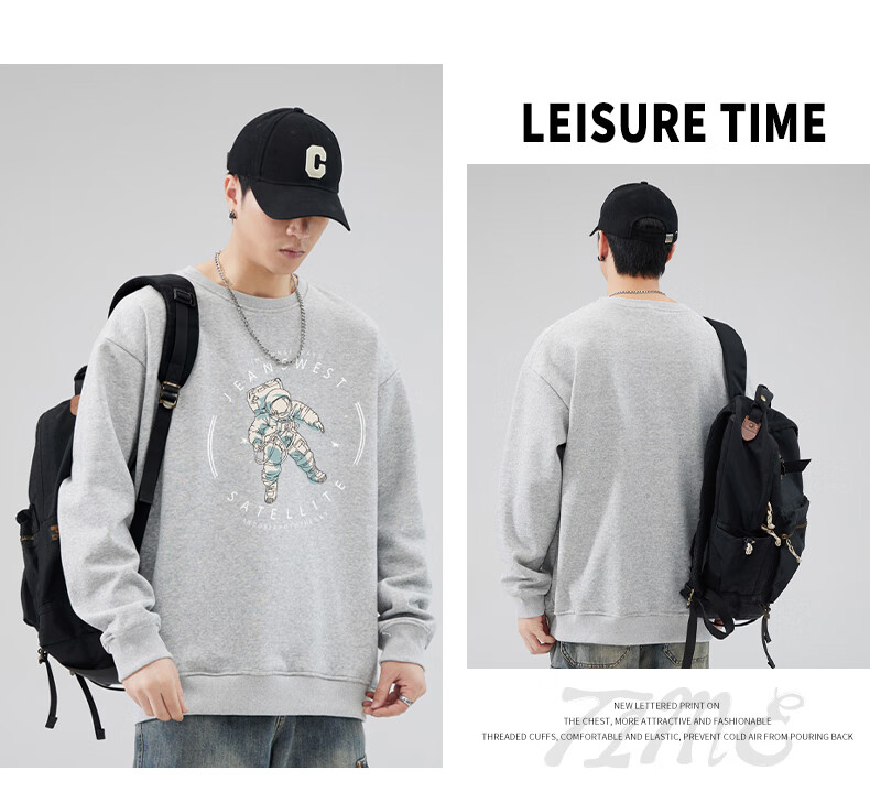 Jeanswest Sweatshirt, Men's Round Neck, Trendy Brand, 2026 Autumn Top, Fashionable Loose Pullover, Men's Jacket, Black, XL 9