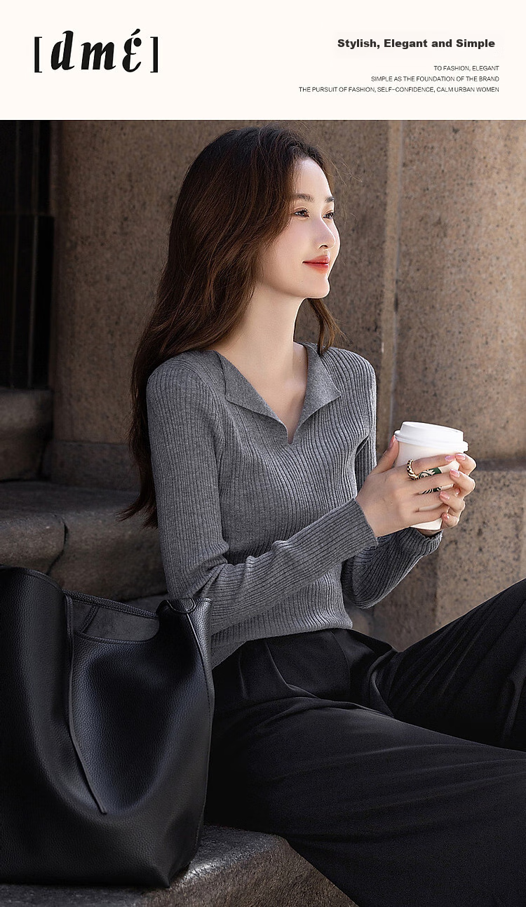 Dme [French Workplace OOTD] Summer Cloud-Feel Lightweight Lapel Sweater, Simple Style Long-Sleeve Knit Top for Wome 1