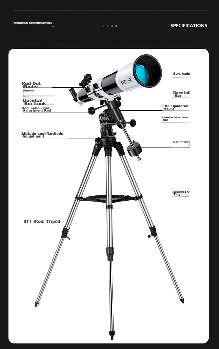 EXPLORE SCIENTIFIC 80EQ3 Astronomy Telescope Large Aperture Professional High-Definition High-Power Stargazing Kids Gift 28