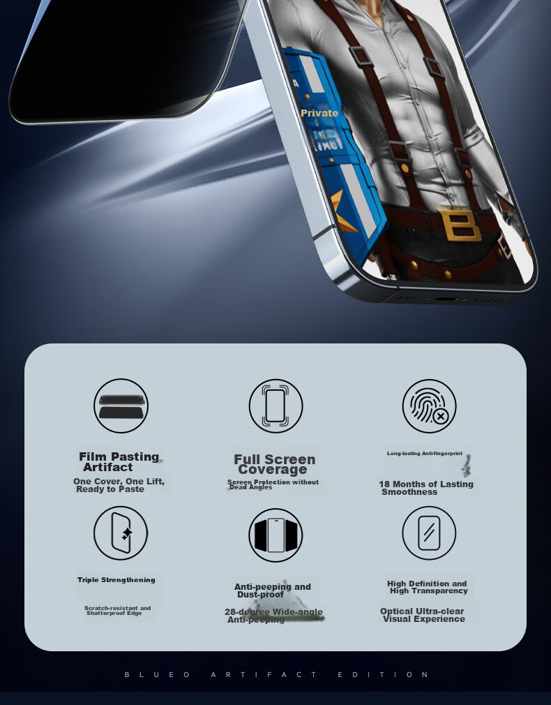 BLUEO Privacy Screen Protector for Apple IPhone 15 Pro Max, Anti-Peeping Tempered Glass Film, Easy Installation in Dust-Free Chamber, Anti-Spy, Anti-Fingerprint Protective Film 3