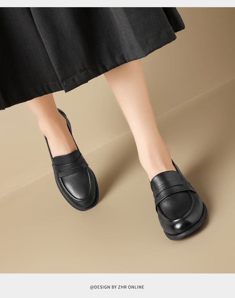 ZHR Top-Grain Leather Loafers for Women, Chunky Heel Commuter Leather Shoes, Slip-On Soft-Soled Flats for Women KM03 Black Size 40 4
