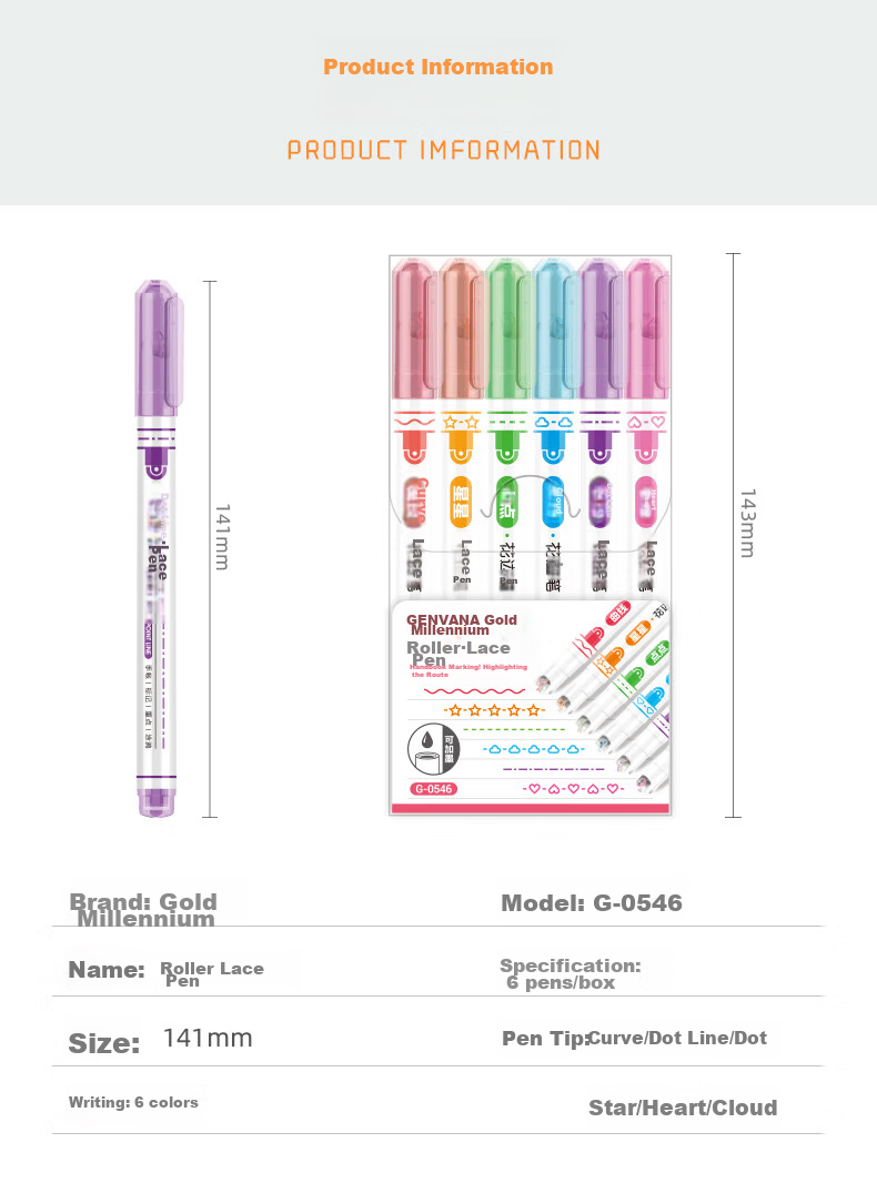 Genvana 6-Color Floral Pattern Outline Pen, Curved Pen, Highlighter, Embossing Pen, Marker Pen for Students, Decorative Edging for Handwritten Reports, Colored Journal Decoration Pen G-0546 2