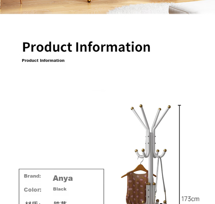 Anerya Iron Coat Rack, Floor-Standing Bedroom Clothes Hanger, Simple Indoor Multi-Hook Garment Stand, Luxury White Versio 9