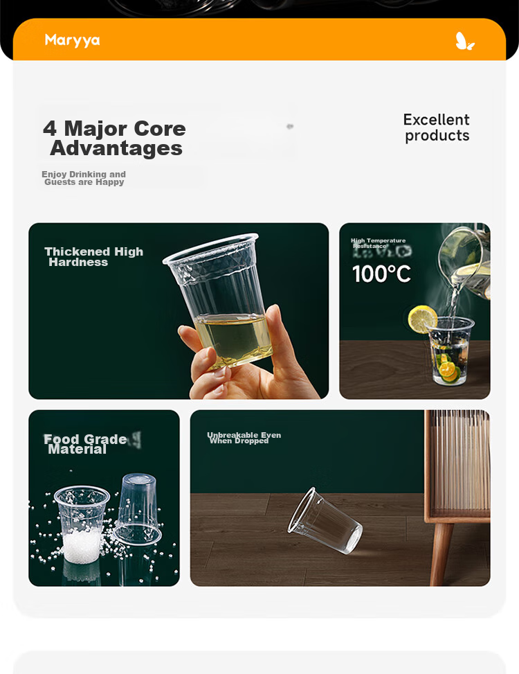 MARYYA Disposable Plastic Cups, 240ml*100 Pieces, Thickened Water Cups, Tea Cups, Beverage Cups, Aviation Cups 2