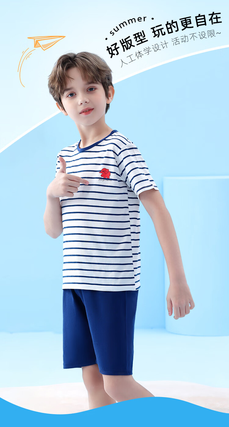 LangSha Children's Pajamas for Boys, Summer Thin Style, Youth Short-Sleeve Shorts, Student Pure Cotton Home Wear Set, Size 160 4