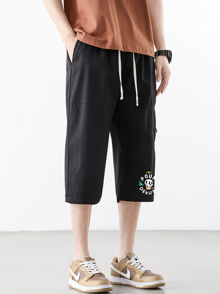 POUM Casual Cargo Capri Pants for Men, Summer Loose-Fit Trendy Quick-Dry Ice Silk Sports Shorts TQ05 Black L 10