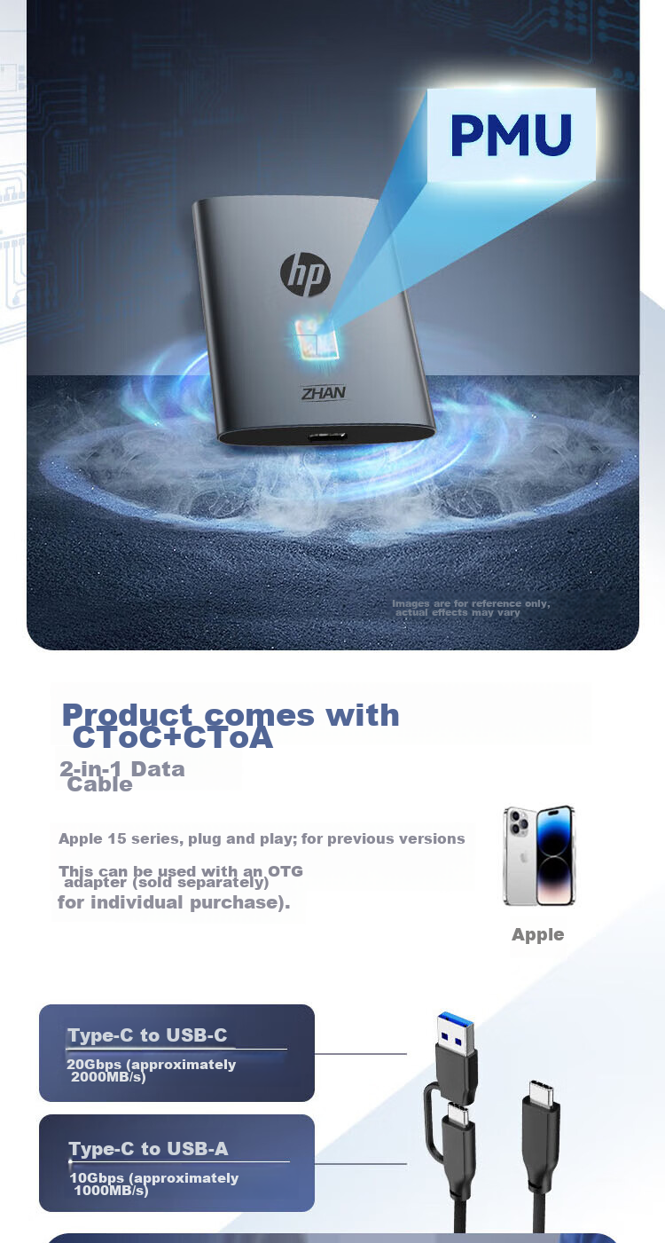 HP 1TB Portable SSD, 2000MB/s High-Performance Read/Write, Type-C, Portable for Business Travel, High-Speed Transfer, External Phone Direct Connection Mini Hard Drive, Blue 8