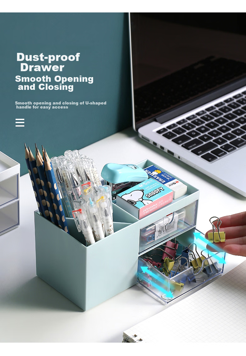 Jindeli Simple Desktop Pen Holder Storage Box, Multifunctional High-Value Light Luxury Drawer, Office Desk Stationery Dormitory Office Supplies Organizer, Large Capacity Blue SN132 5