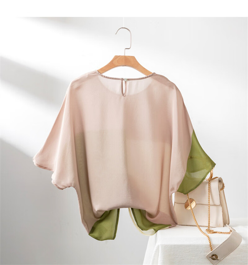 Dme Women's Short-Sleeve Shirt, 100% Mulberry Silk, Round Neck, Geometric Sleeves, Loose-Fitting, Silk Printed Blouse 16