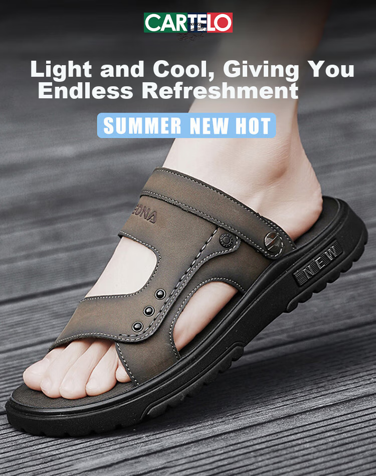 CARTELO Leather Sandals for Men, Summer 2026 Breathable Beach Shoes, Dual-Use Men's Outdoor Slippers, Perforated Sandals 1