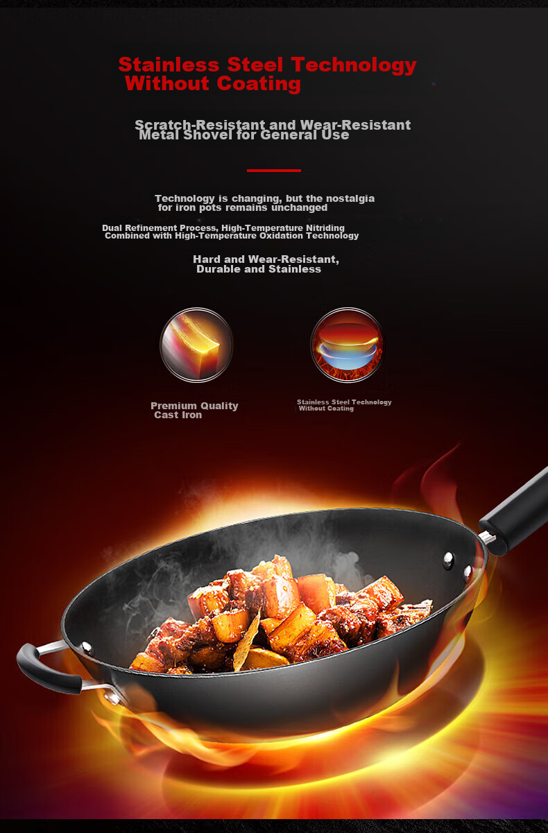 SUPOR Cast Iron Wok, 30cm, Non-Coated Flat Bottom Frying Pan, Scratch-Resistant, Wear-Resistant, Compatible with Induction Cooker And Open Flame 3