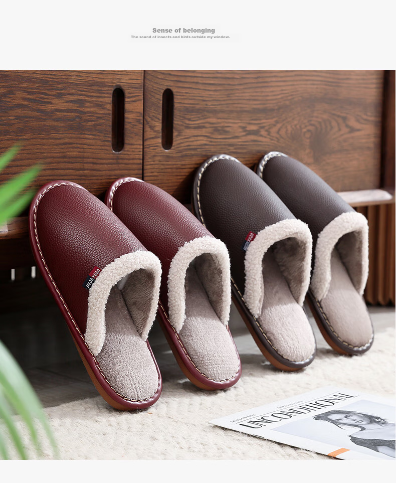 GUOLUOFEI Waterproof PU Leather Cotton Slippers for Men And Women, Winter Outdoor Wear Non-Slip Indoor Maternity Shoes Home Cotton Shoes, Black, Size 44/45 11