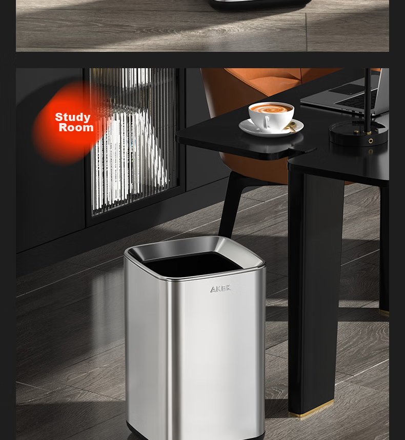 AKBK Stainless Steel Trash Can 15L Silver Large Square Bin for Living Room, Kitchen, Bathroom, Luxury Hotel, Office 15