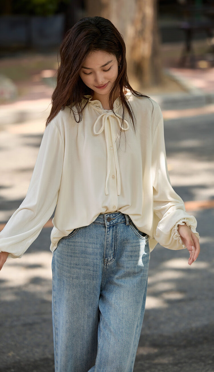 Dme [Retro Elegant Brown Shirt], Spring And Autumn Style, Silk Ribbon Collar, Velvet Blouse for Wome 4
