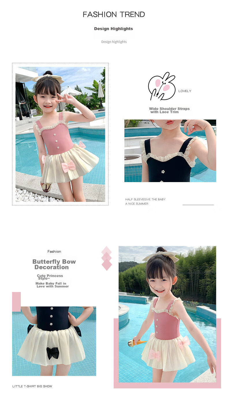 F.DYRAA Girls' One-Piece Swimsuit, Princess Dress Style, Cute Design for Little Girls, Suitable for Hot Springs And Swimming, Model 32643, Black, Size 3XL 3