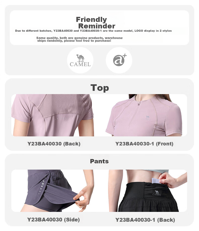 CAMEL Women's Sports Set, Summer New Style Running Yoga Fitness Short-Sleeve Shorts with Lining, Casual Elastic Sportswear 16