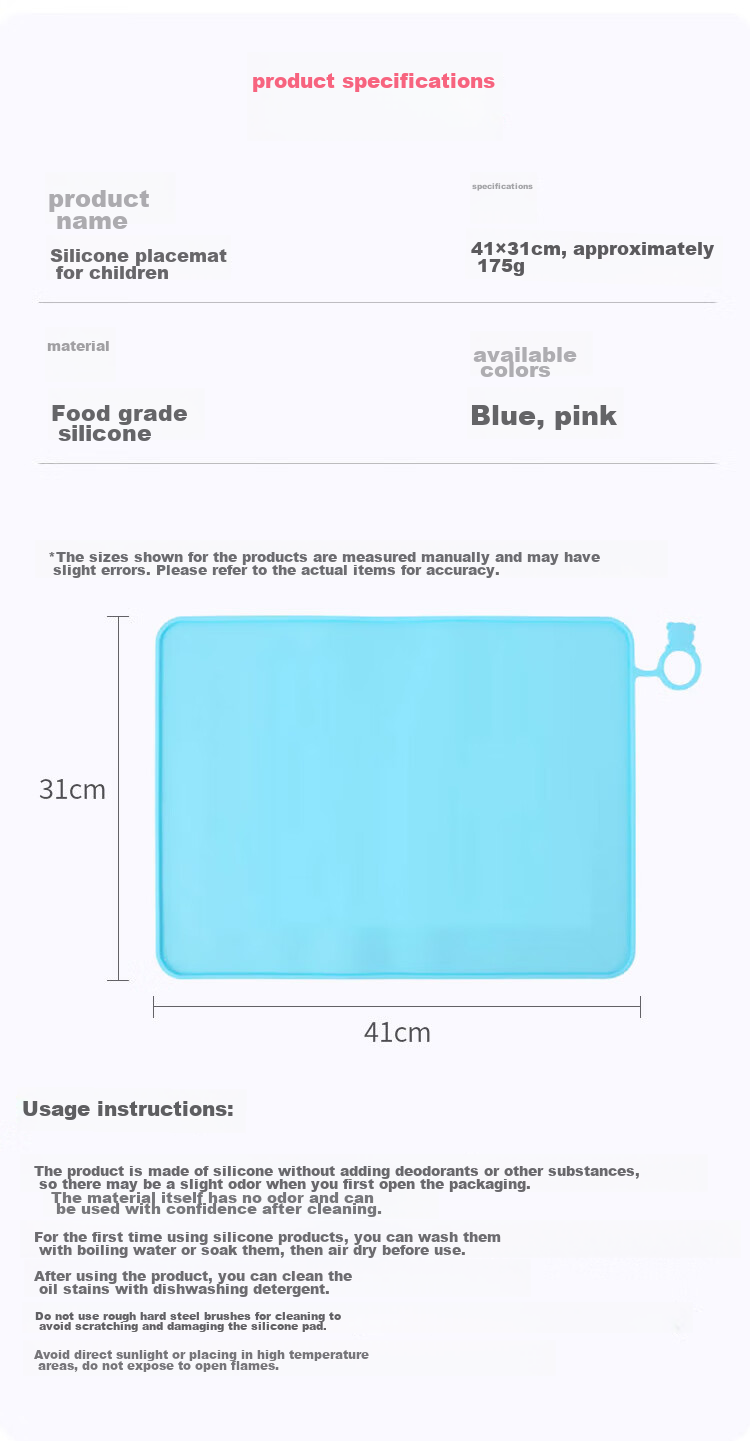 CHERISHES LIFE Elementary School Student Placemat, Children's Waterproof, Oil-Proof, Non-Slip, Heat-Resistant Silicone Mat, First Grade Lunch Mat, Blue, 40x30 10