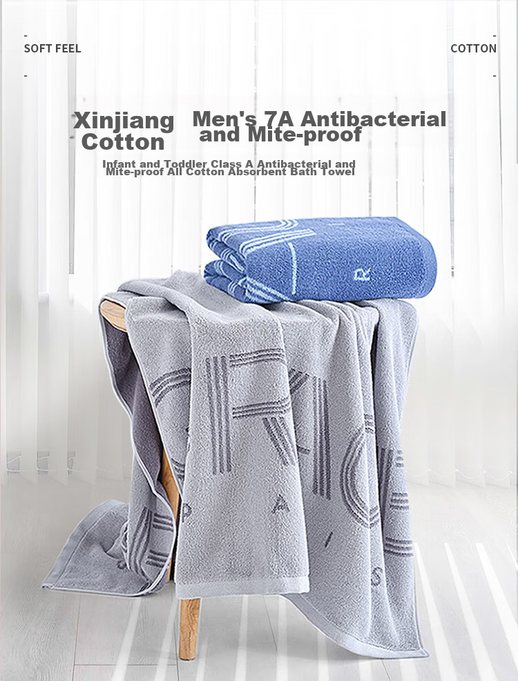 Grace 405g Pure Cotton 7A Antibacterial Bath Towel for Men And Women, Thickened Soft Absorbent Quick-Drying Adult Large Bath Towel for Sports, Blue 1