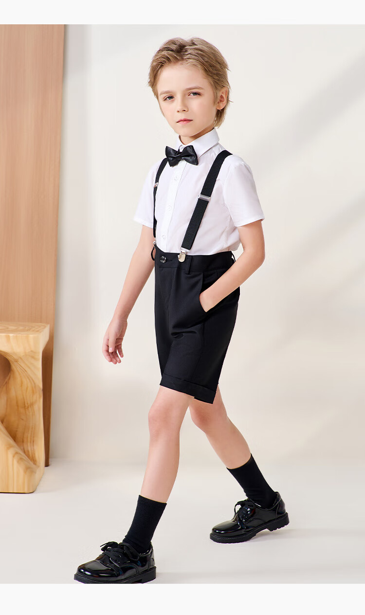 Luomeng Boys' Formal Wear Summer Children's Graduation Performance Outfit Kindergarten Suspender Pants Flower Girl Black Set 140 7