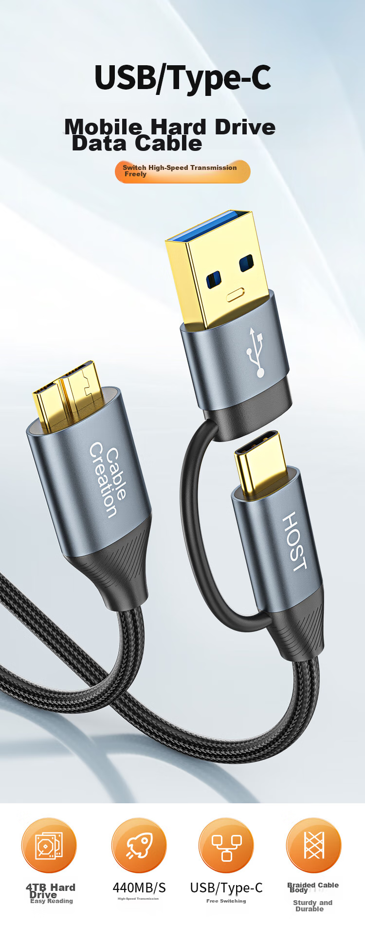 CABLE CREATION, Type-C to Micro USB 3.0 High-Speed Transfer Two-In Portable Hard Drive Data Cable, Compatible with Seagate, Toshiba, Western Digital, Samsung Hard Drives, Extension Cable, 0.6 Meters 1