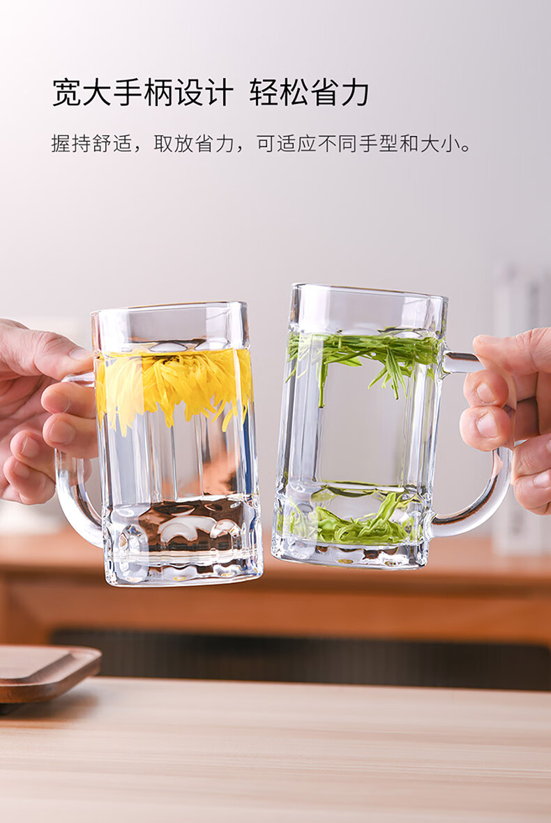 CLITON Glass Water Cups And Tea Cups with Handles, Beer Mugs, Soda Cups, Juice Cups, Beverage Cups, Set of 6 2