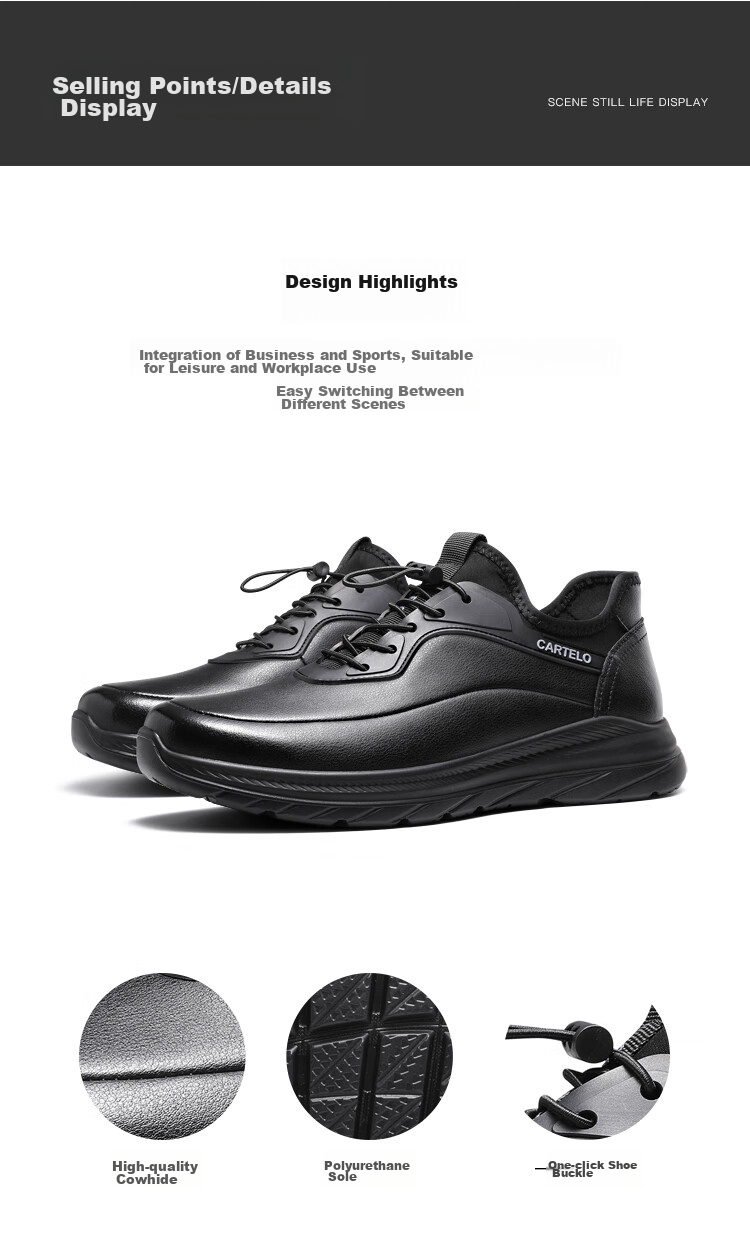 CARTELO Genuine Leather Men's Shoes, Business Casual Sports New Style, Autumn And Winter Soft Thick Sole Versatile Commuter Dad Shoes, Black Slip-O 20
