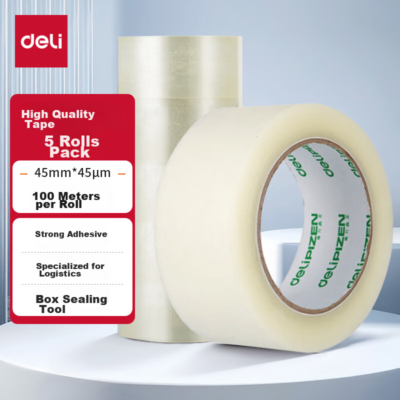 Deli Brand Transparent Packing Tape, 45mm*100m*45μm (Clear), 5 Rolls/tube, Office Supplies