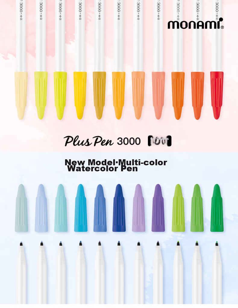 Monami New P3000 Fiber Pen, Water-Based Pen, Colorful Gel Pen Set, Watercolor Pen, Outline Pen, Journaling Pen, Soft 12 Colors 04009Z12-S Watercolor Pe 1