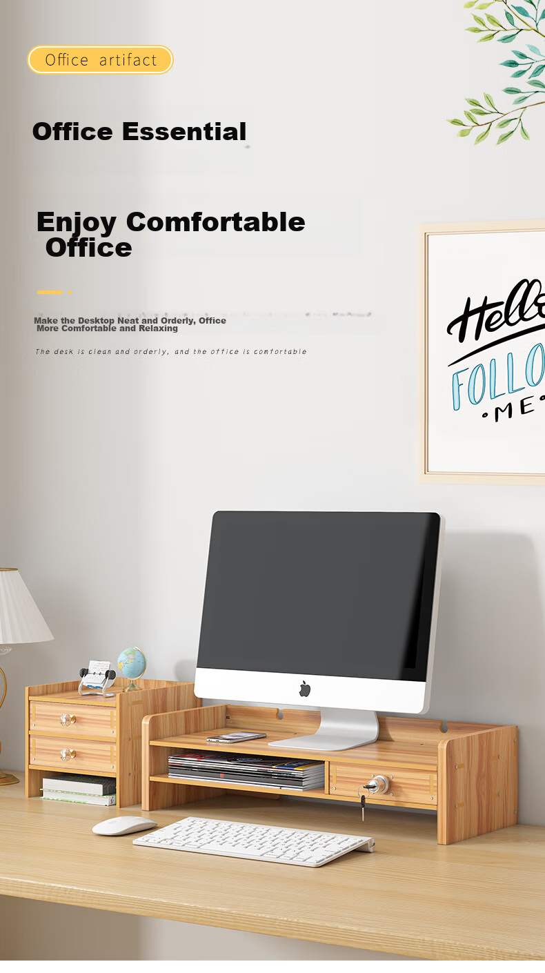 Shuranjia Monitor Riser Stand, Desktop Organizer with Drawer, Cherry Wood Color, SZ08-2 1