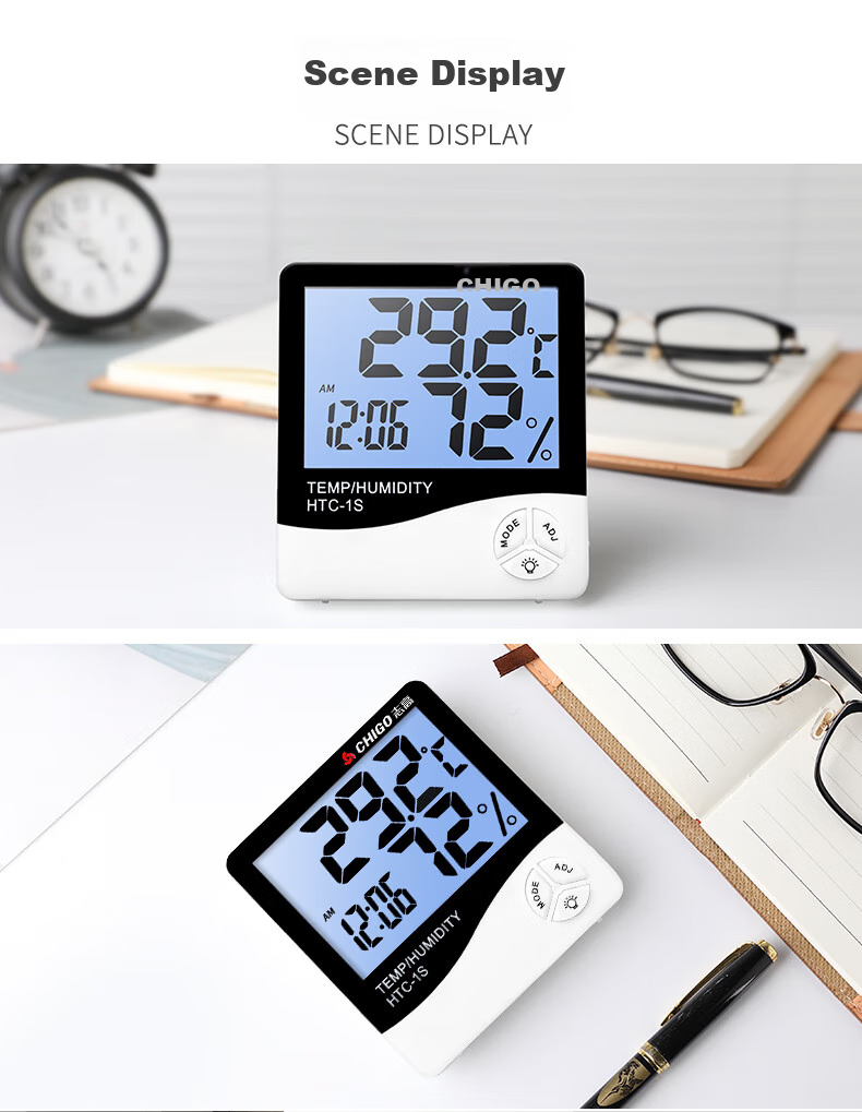 CHIGO Indoor Thermometer, Home Temperature And Humidity Meter, High-Precision Electronic Room Thermometer Clock, Dry And Wet Temperature Gauge HTC-1S 8