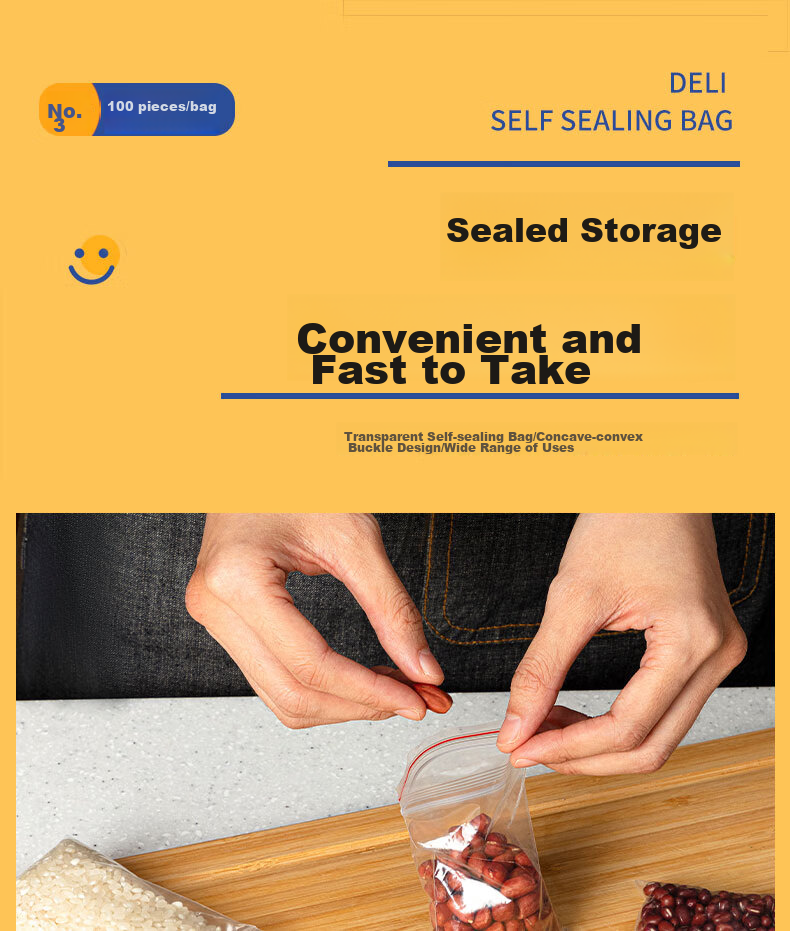 Deli Food Storage Bags, Size 3, 9.5*7cm, Waterproof, Dustproof, Fresh-Keeping, PE Transparent, 100 Pieces Transparent, 3022 1