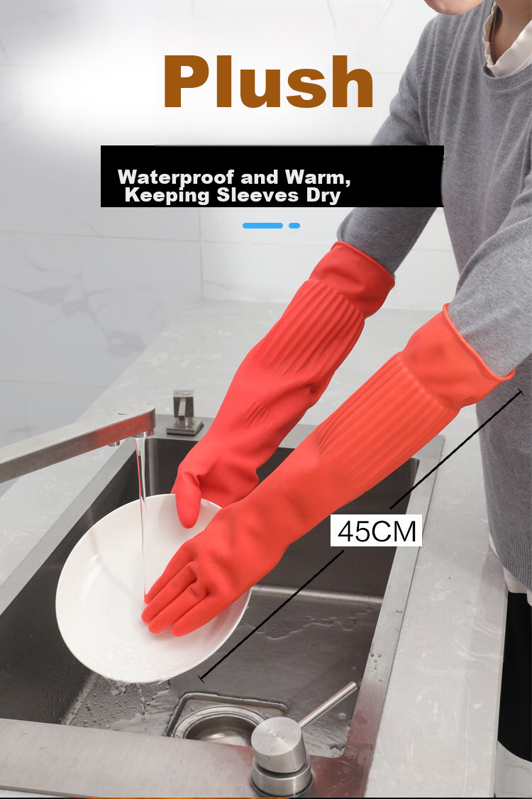 Yagao PVC Gloves, 2 Pairs, One Size Fits All, Fleece-Lined, Extended Length, Warm Style, Household Gloves, Rubber Leather Gloves 2