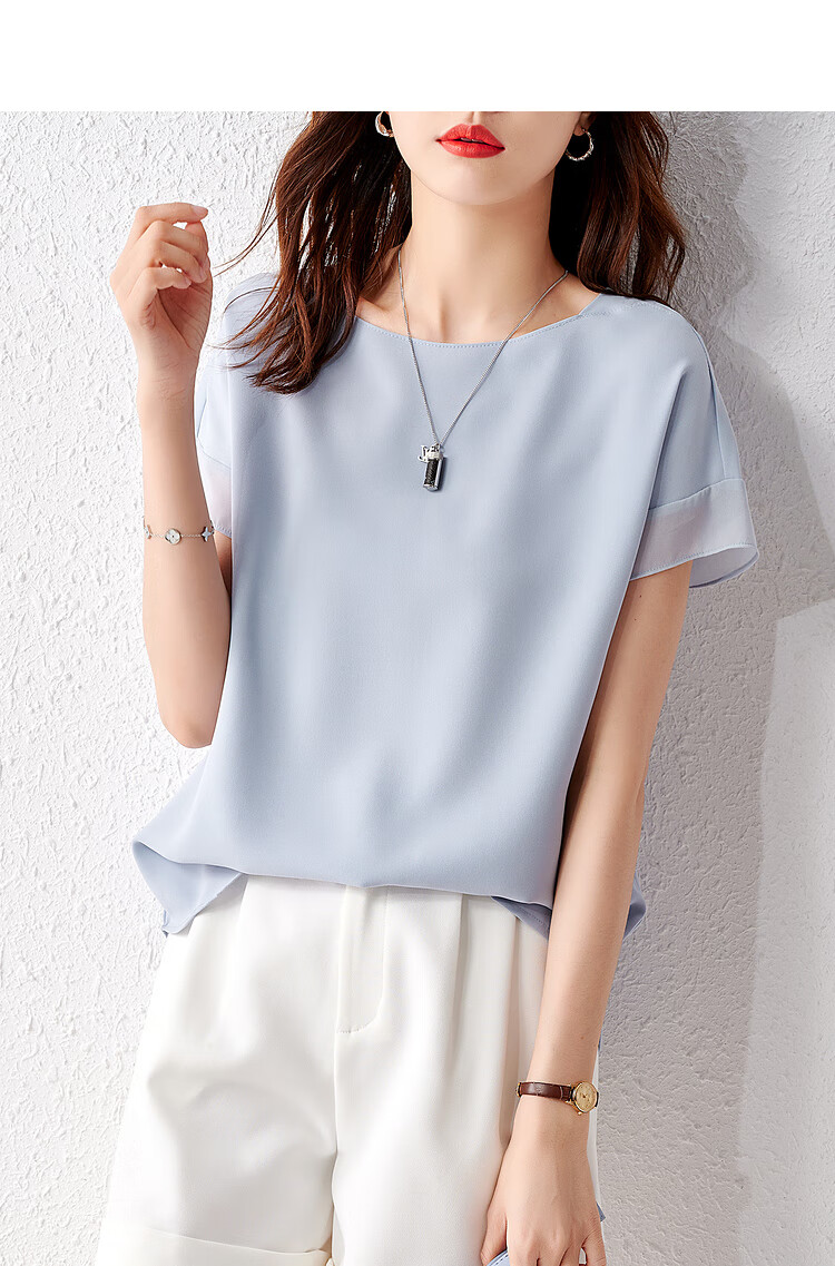 Sentubila Spliced Short-Sleeve Chiffon Blouse for Women, Slimming Tummy-Covering Top, Summer Lightweight Casual T-Shirt, Light Blue, S 18