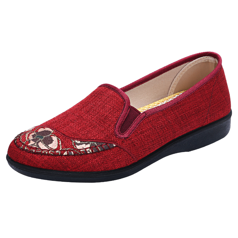 BUSHEYUAN Women's Flat Shoes, Round Toe Mom Shoes, Soft Sole Breathable Slip-On Loafers for Middle-Aged And Elderly Women, Old Beijing Cloth Shoes, 210-1322 Red, Size 37