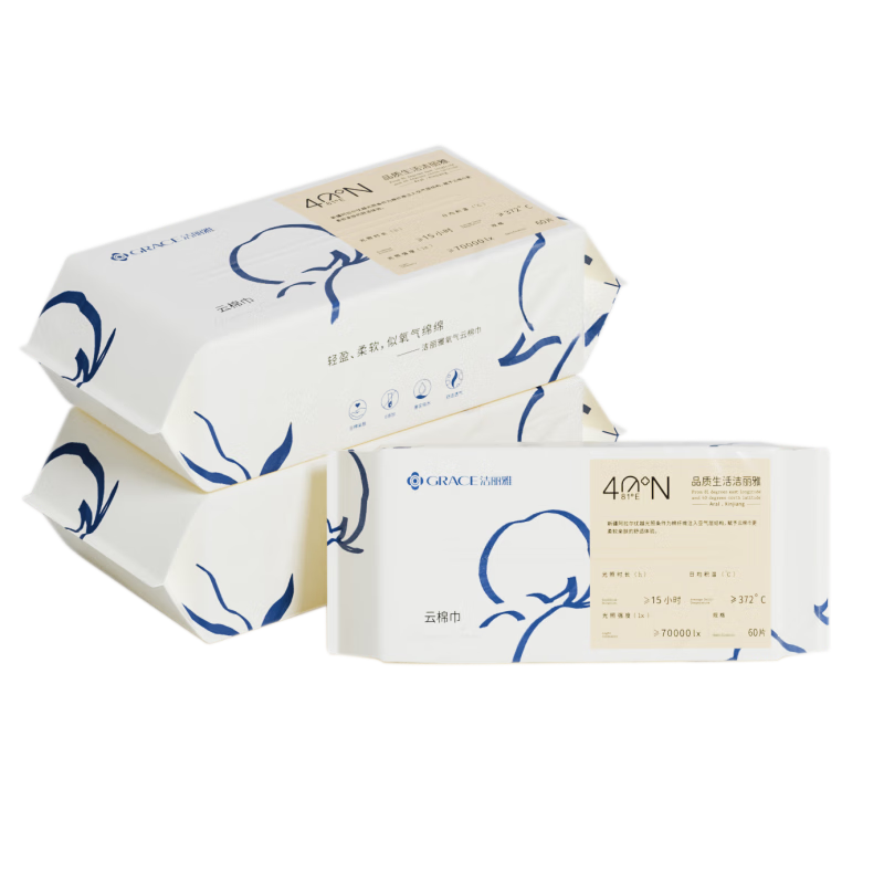 Grace All-Cotton Facial Cleansing Wipes, Pull-Out Disposable, Thickened Pearl Texture, Oxygenated Cleansing Cotton Soft Tissues, Thick And Soft Version, 1 Pack of 60 Pieces