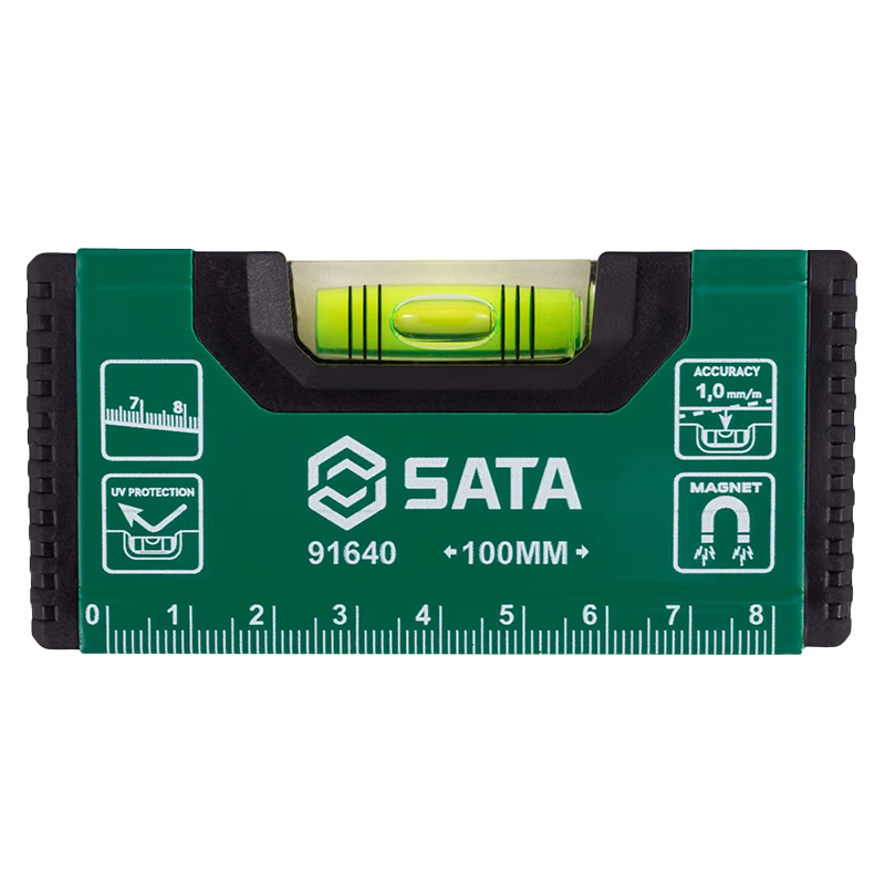 Строительный уровень SATA 91640, 100 мм, с магнитным основанием, высокоточный, алюминиевый сплав, с пузырьковым индикатором