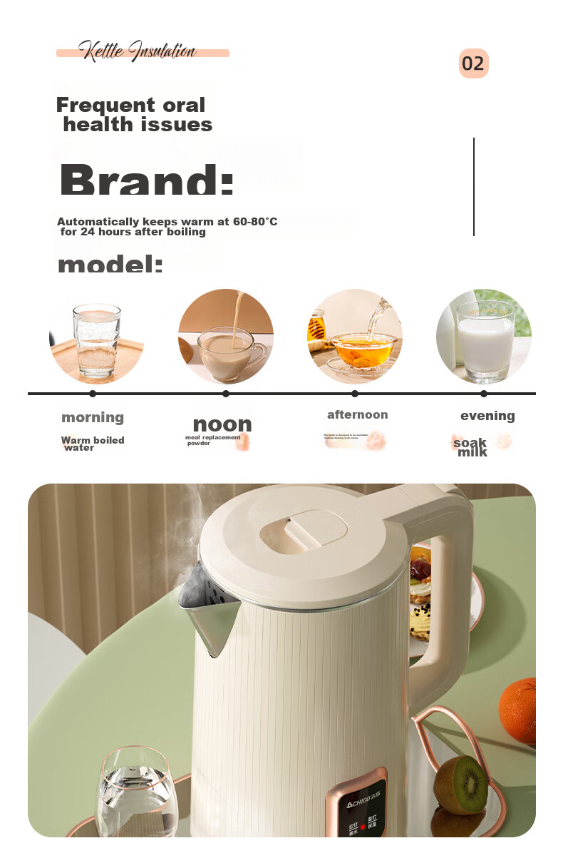 CHIGO Electric Kettle, 1.8L Capacity, Temperature Control, Automatic Shut-Off, Double-Layer Anti-Scalding Design, Model TH185B-01B 6