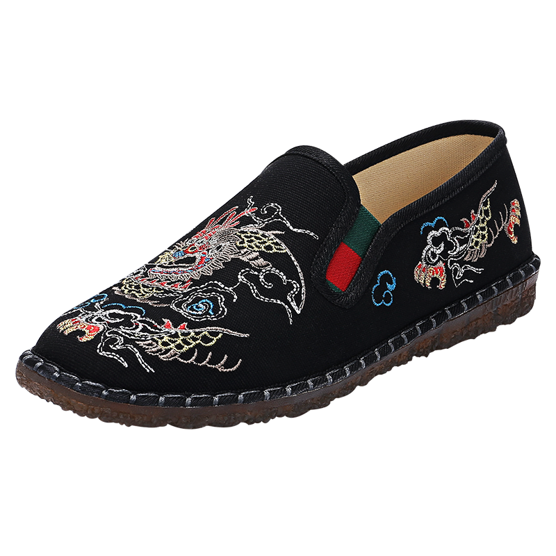 BUS HEYUAN Youth Canvas Shoes, Chinese Style Retro Embroidered Dragon Pattern Trendy Shoes, Hanfu Shoes, Flat Slip-On Casual Loafers, Old Beijing Cloth Shoes for Men, 211-9016, Black, Size 43