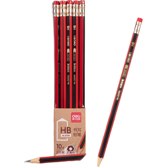 Deli 10-Pack HB Writing Pencils, Red And Black Striped Leather Tip Pencils with Hexagonal Barrel And Eraser, Student Sketching Exam Homework Drawing Pencils, Back-To Stationery