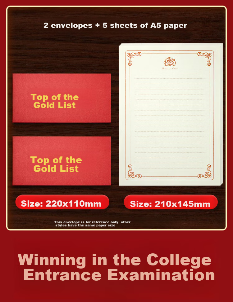 Kingdee Greeting Cards "Dream As A Horse" 18-Year Adult Graduation Envelope Set, Inspirational Middle School And College Entrance Exam Encouragement Letter Paper And Envelopes, Golden List Name 2 Envelopes 5 Letter Papers 12