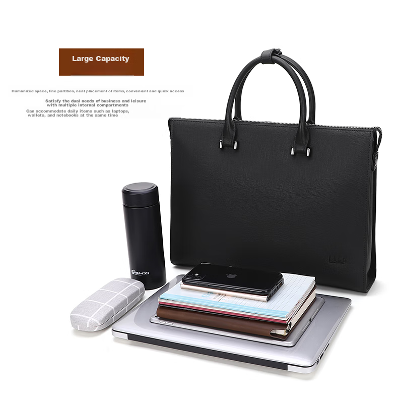 ELLE HOMME Men's Business Briefcase, Stylish Horizontal Cowhide Handbag, Large Capacity Laptop Bag for Men EA088209011 Black 7